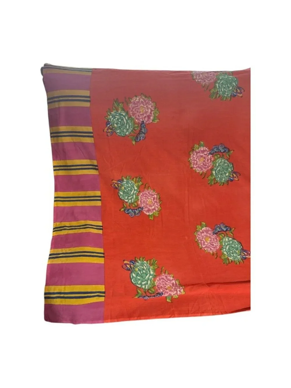 Lisa Corti Handcrafted Floral Cotton Table Runner with Striped Border - Orange &